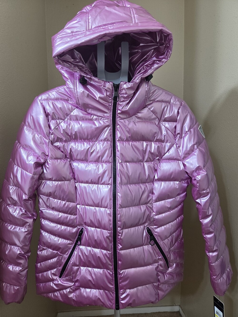 Guess Shiny Pink Hooded Puffer Jacket for Woman Or Kids